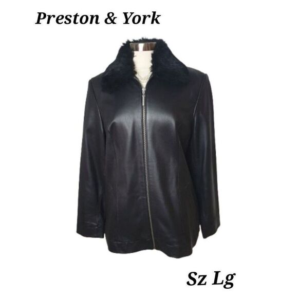 Preston & York Women's Black Genuine Lambskin Jacket Lg With Faux Fur Collar - Picture 1 of 7